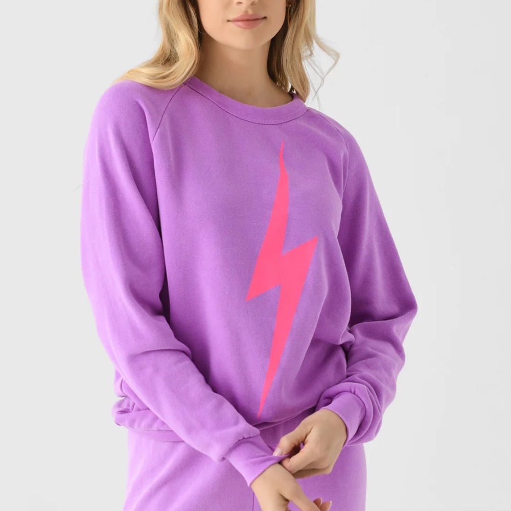 Aviator Nation Lavender Crewneck with Neon Pink Lightning